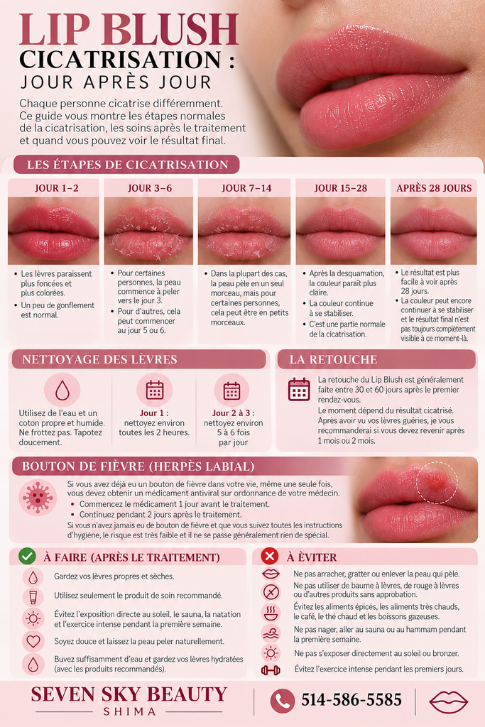 Cicatrisation Lip Blush jour après jour chez Seven Sky Beauty