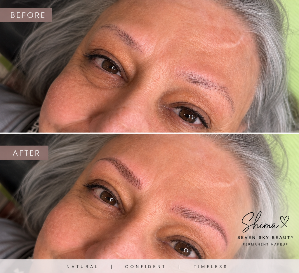 Microblading pour peau mature avant et après avec un résultat naturel