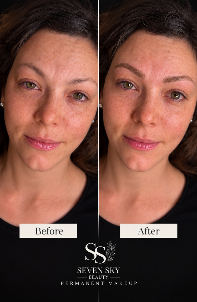 Microblading touch-up result with natural healed eyebrow hair strokes